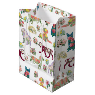Sacola Para Presentes Média Padrão Vintage Watercolor Flowers & Dogs