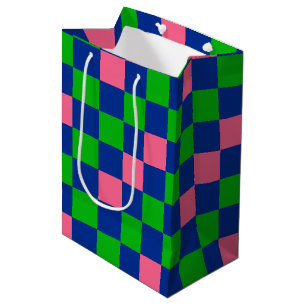 Sacola Para Presentes Média Padrão Xadrez Azul Verde Rosa Design