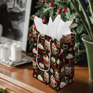 Sacola Para Presentes Média Padrões de malha de Natal com cacau quente