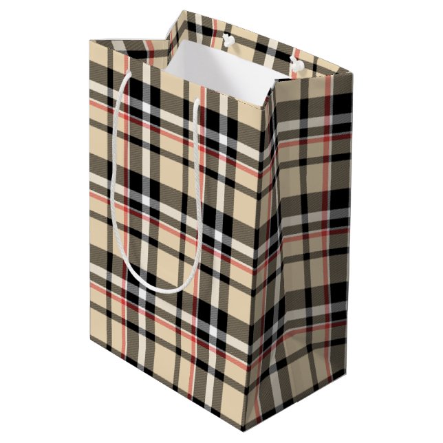Sacola Para Presentes Média Padrões de Xadrez do Tartan Preto-Branco Vermelho (Verso inclinado)
