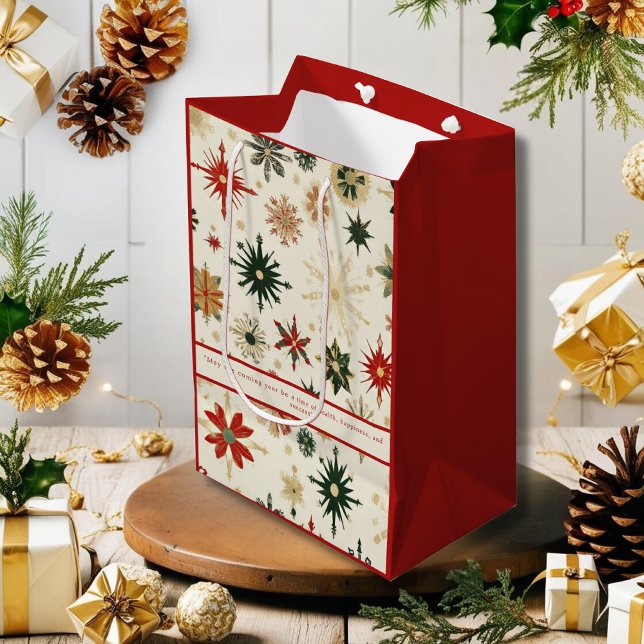 Sacola Para Presentes Média Padrões Elegantes Dourados e Flocos de Neve Vermel (Vintage Elegant Gold and Red Snowflakes patterns Medium Gift Bag)