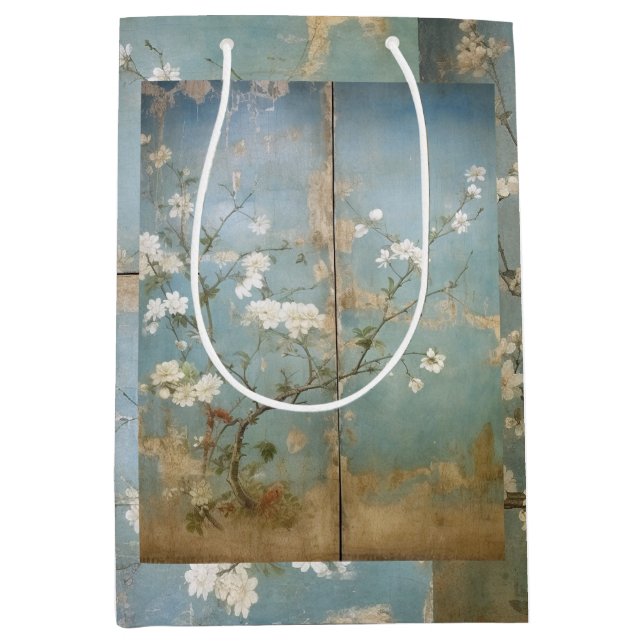 Sacola Para Presentes Média Painéis Azuis Antiquados Chinoiserie e Árvores de  (Frente)