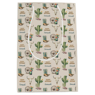Sacola Para Presentes Média País Ocidental Cactus Boots Nome Feliz Aniversário
