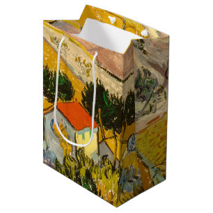 Sacola Para Presentes Média Paisagem com House e Ploughma Vincent van Gogh