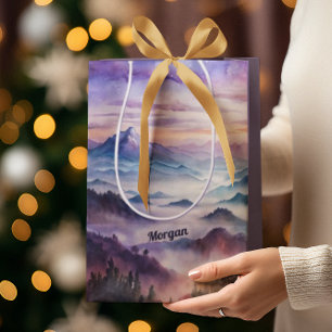 Sacola Para Presentes Média Paisagem da Montanha de Aquarela Personalizada