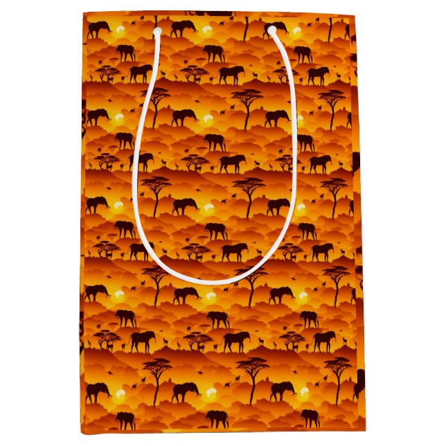 Sacola Para Presentes Média Paisagem Sunset com Padrão Africano Silhout (Frente)