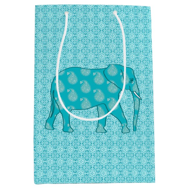 Sacola Para Presentes Média Paisley Elephant, Turquoise e Aqua (Frente)