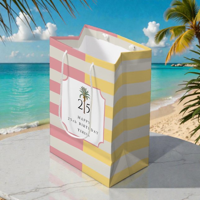 Sacola Para Presentes Média Palm Beach Pastel Stripe Tropical Birthday (Criador carregado)