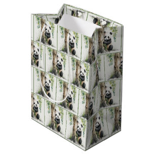 Sacola Para Presentes Média Panda Bear Watercolor Patterno