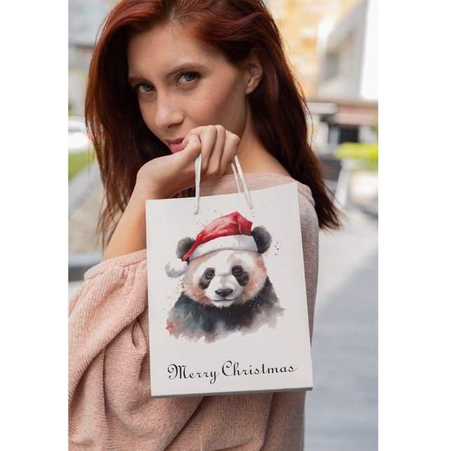 Sacola Para Presentes Média Panda de Natal, personalizável (Criador carregado)