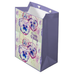 Sacola Para Presentes Média Pansias Pansíveis Flor Púrpura Rosa