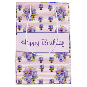 Sacola Para Presentes Média Pansy Flower Pink Stripe floral Feliz Aniversário
