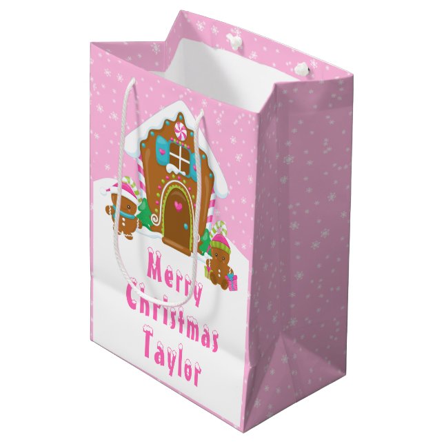 Sacola Para Presentes Média Pão de Gengibre Casa Bright Rosa Feliz Feliz Natal (Frente inclinada)