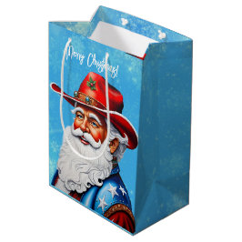 Sacola Para Presentes Média Papai Noel Alegre em um Natal de Chapéu Western
