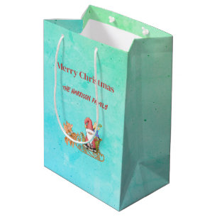 Sacola Para Presentes Média Papai Noel com Sleigh e Reindeer Personalizados
