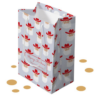 Sacola Para Presentes Média Papai Noel Cowboy Natal Western Azul