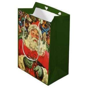 Sacola Para Presentes Média Papai Noel de Natal Vintage em trenó com brinquedo