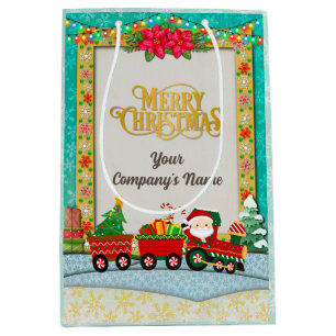 Sacola Para Presentes Média Papai Noel de Trem com Presentes e Árvore de Natal