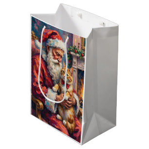 Sacola Para Presentes Média Papai Noel Gato Angora Turco Arte Natal