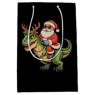 Sacola Para Presentes Média Papai Noel Montando Dinossauro T Rex Natal Retrô