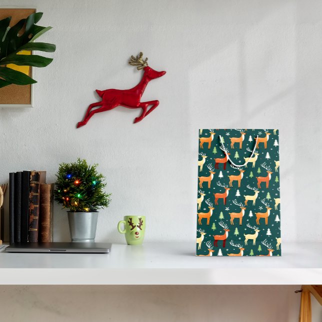 Sacola Para Presentes Média Papai noel Retro Reindeer Gift Bag (Criador carregado)