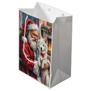 Sacola Para Presentes Média Papai Noel Segurando Arte de Natal de Samoyed