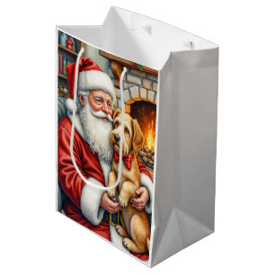 Sacola Para Presentes Média Papai Noel segurando Arte de Natal do Airedale