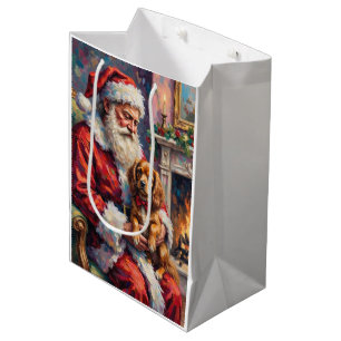 Sacola Para Presentes Média Papai Noel segurando o Spaniel Tibetano Arte de Na