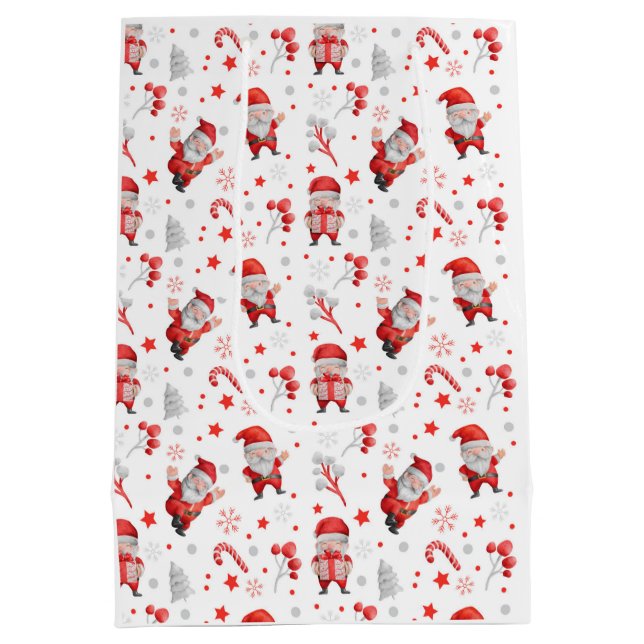 Sacola Para Presentes Média Papai Noel Whimsical, Canas Doces, Árvores, Estrel (Verso)