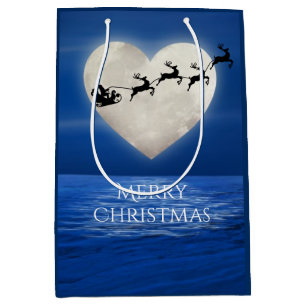 Sacola Para Presentes Média Papais noeis e Heart Full Moon Beach Feliz Natal