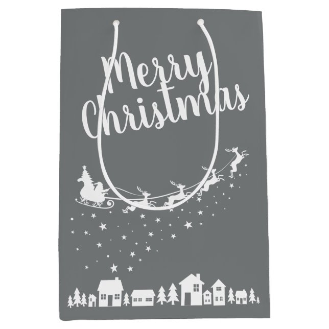 Sacola Para Presentes Média Papais noeis e renas que sobrevoam as casas (Frente)