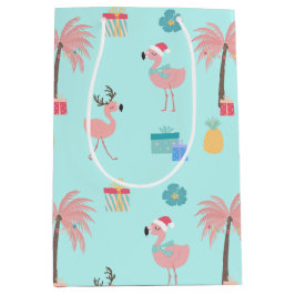 Sacola Para Presentes Média Papais noeis Flamingo Pattern Divertido Teal Natal