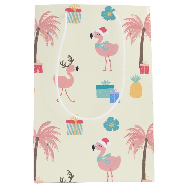 Sacola Para Presentes Média Papais noeis Flamingo Patterno Diversão Rosa Tropi (Frente)