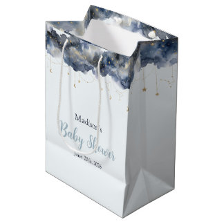 Sacola Para Presentes Média Papel de Chuva de Bebê em Aquarela da Marinha Cele