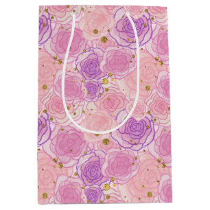 Sacola Para Presentes Média Papel de enrolamento floral de Rosa brilhante, cor