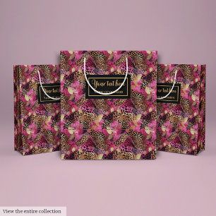 Sacola Para Presentes Média Papel de presente de pele de leopardo rosa e doura