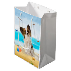 Sacola Para Presentes Média Papillon Dog na Praia