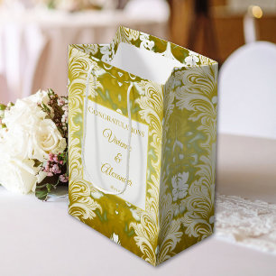 Sacola Para Presentes Média Parabéns de Casamento tema damasco Verde Dourados