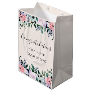 Sacola Para Presentes Média Parabéns Florais Rosa Púrpura e Verde