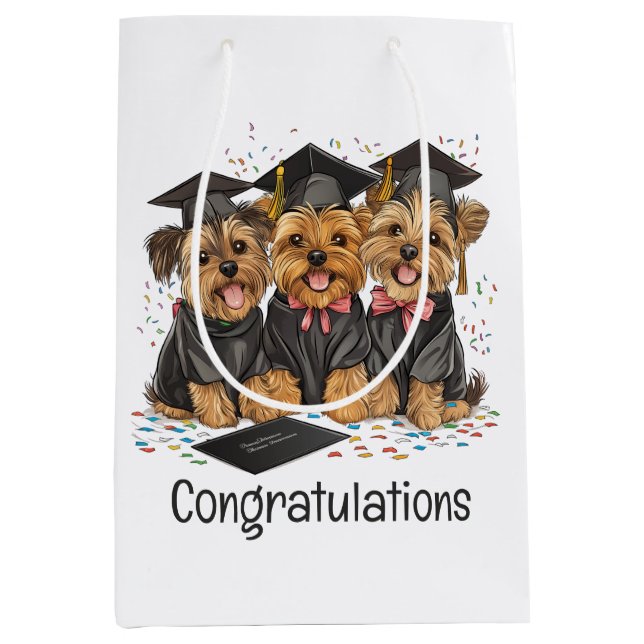 Sacola Para Presentes Média Parabéns Graduação Yorkshire Terrier Dogs (Frente)