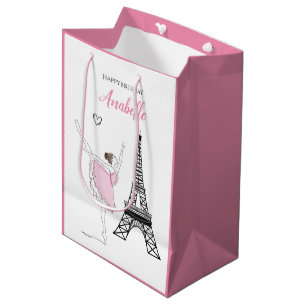 Sacola Para Presentes Média Paris Ballerina, Eiffel Tower Pink Balé Aniversári
