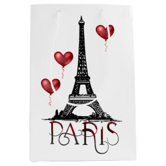 Sacola Para Presentes Média Paris, Torre Eiffel e Balões do Coração Vermelho