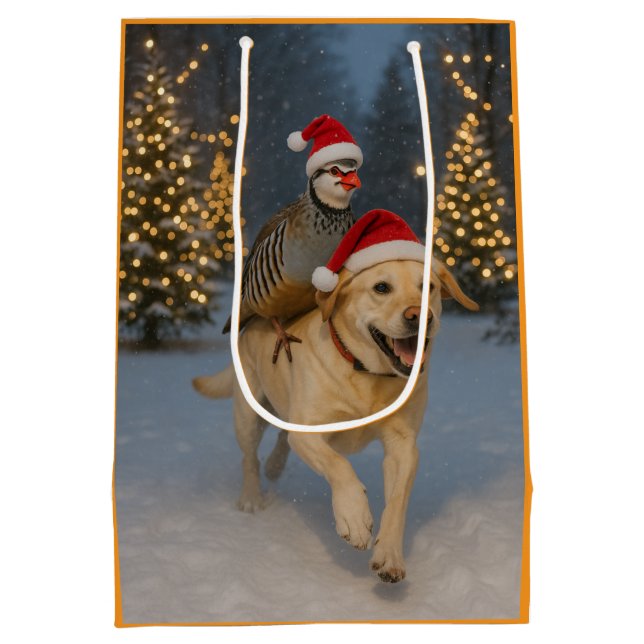 Sacola Para Presentes Média Partridge riding yellow labrador Christmas card (Verso)
