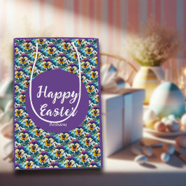 Sacola Para Presentes Média Páscoa bonito do Padrão de Pansy Primavera púrpura