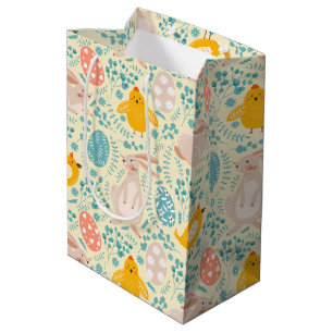 Sacola Para Presentes Média Páscoa com ovos, coelho, pintinho, flores