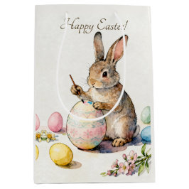 Sacola Para Presentes Média Páscoa Feliz Coelho Vintage Pintando um Ovo