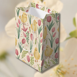 Sacola Para Presentes Média Páscoa Vintage Frangos Amarelos Tulipas Vermelhas