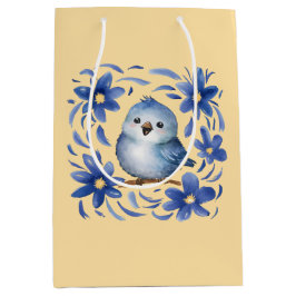 Sacola Para Presentes Média Pássaro Azul com flores