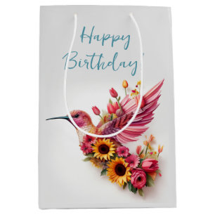 Sacola Para Presentes Média Pássaro beija voando com flores Feliz Aniversário
