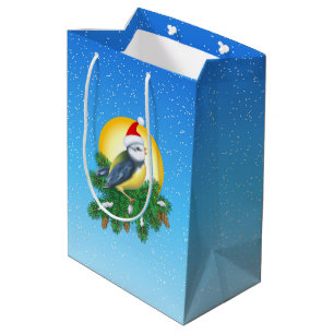 Sacola Para Presentes Média Pássaro em Santa Hat